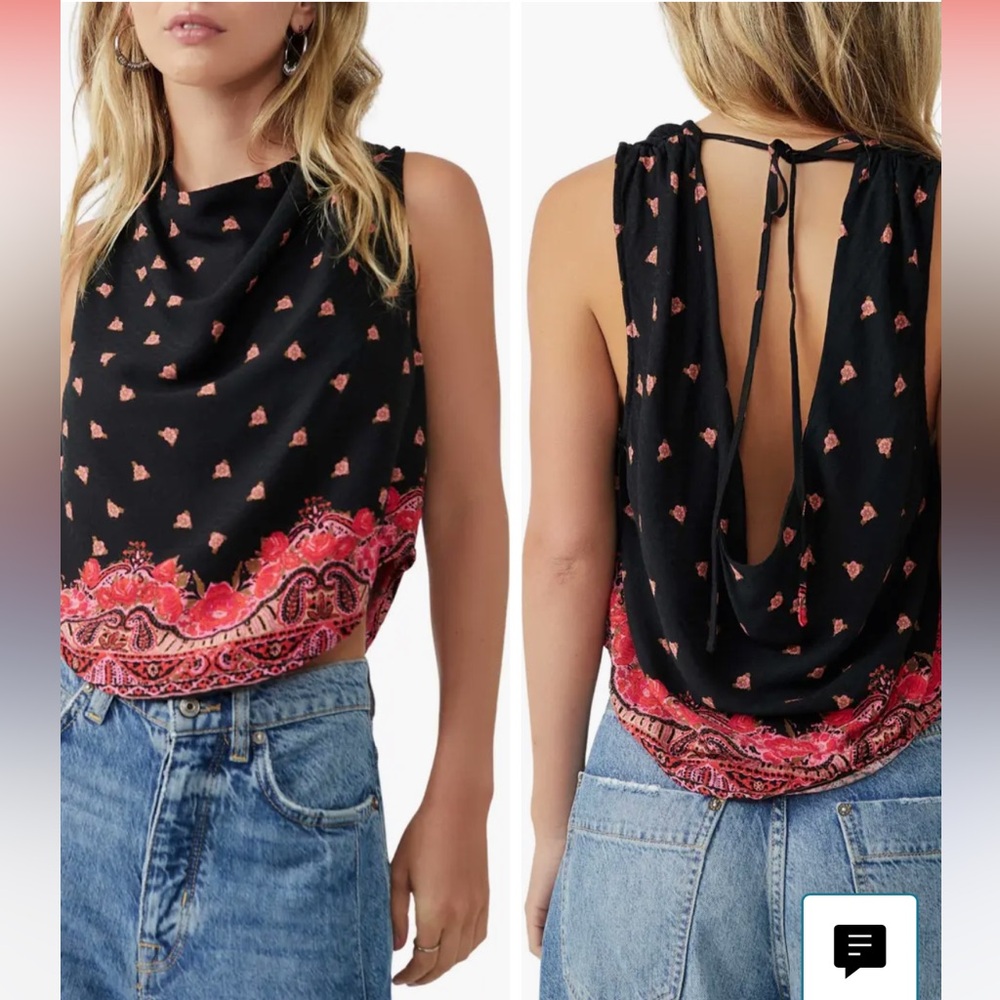 NWT Free People Silas Printed Cowlneck Open Back Top Black 😎